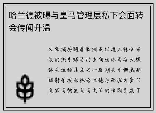 哈兰德被曝与皇马管理层私下会面转会传闻升温